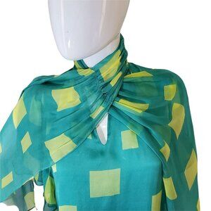 Collective Clothing Small Silk Top Tie Neck Teal Lime Sheer Silk Lined